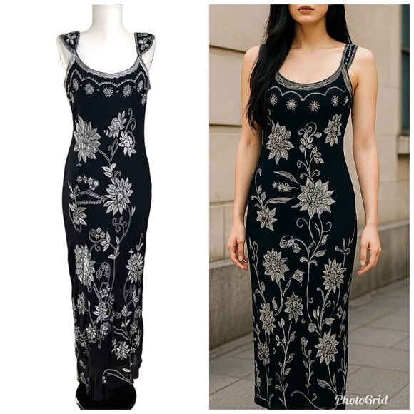 Adrianna Papell Y2K Silk Beaded Maxi Dress Black Floral Embroidery 0/XS - Picture 2 of 12